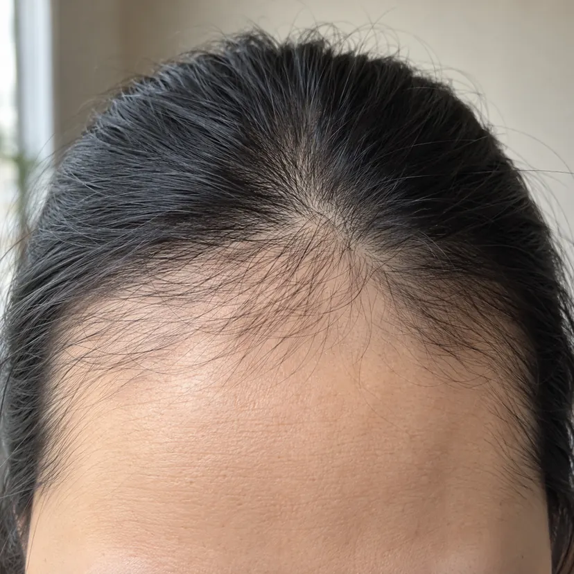 Hairline depan jarang, dahi nampak luas