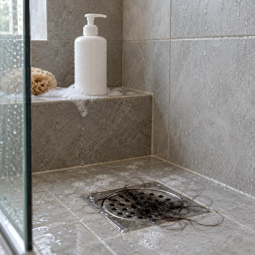 Botol shampoo dan longkang tersumbat rambut