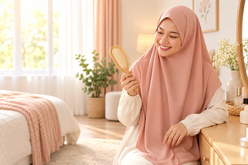Wanita yang sama tersenyum lega, berus bersih tanpa rambut