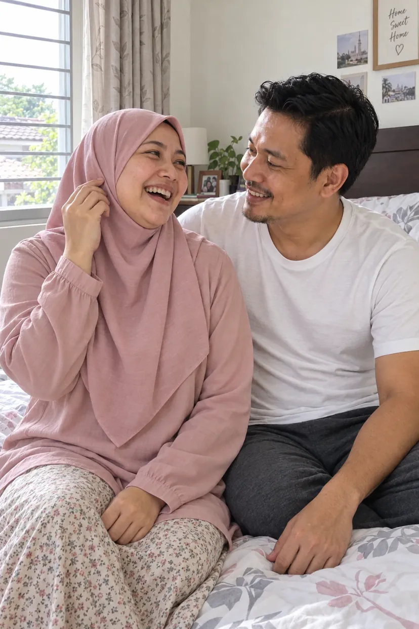Isteri bertudung ketawa di sisi suami dalam bilik pagi