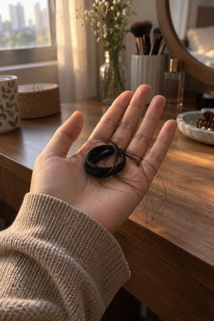 Tapak tangan pegang getah rambut berlilit dengan helai rambut gugur
