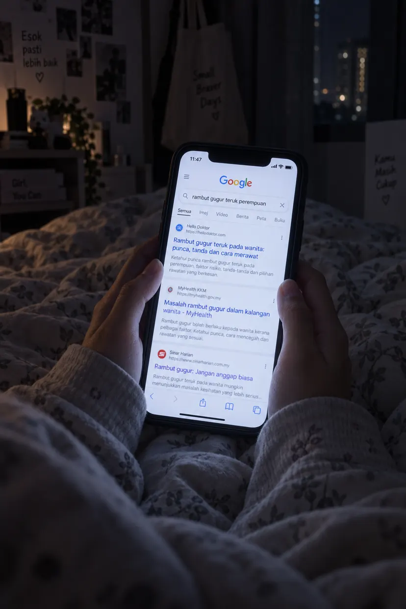 Tangan pegang telefon dalam gelap, carian rambut gugur teruk perempuan