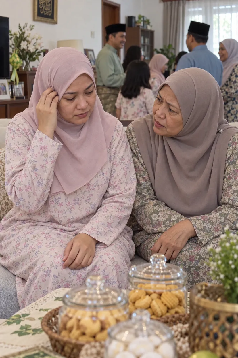 Wanita bertudung di rumah terbuka raya, mak cik di sebelah menegur