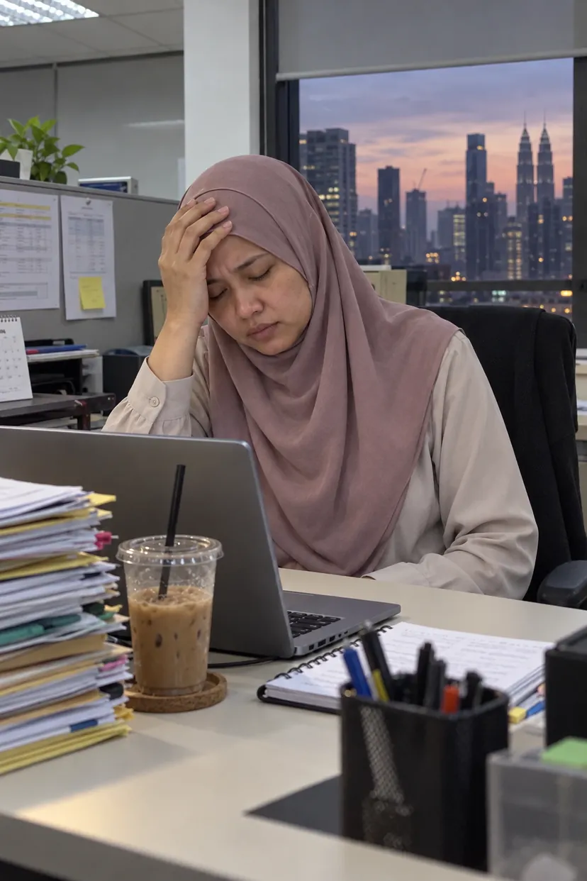 Wanita bertudung penat di meja kerja waktu senja